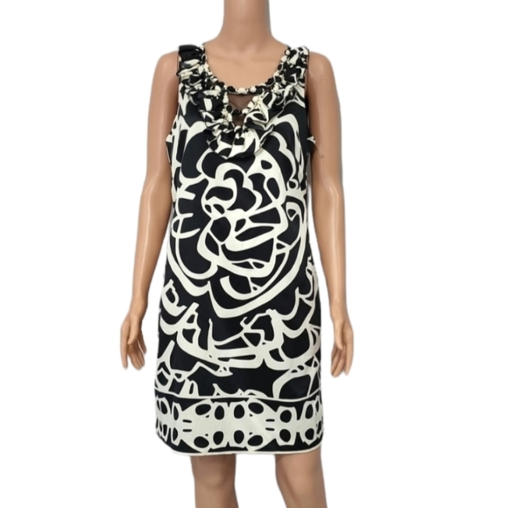 eci New York Size 8 Cream Black Floral Ruffle Lined Knee Length Sleeveless Dress